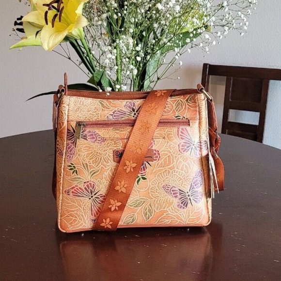 🧡 Anuschka Tooled Butterfly Embossed Leather Crossbody with Adjustable Strap - Picture 1 of 11